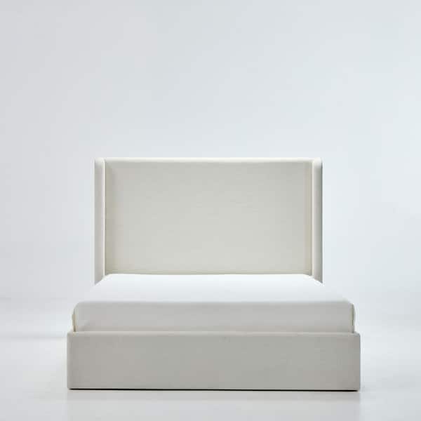 Frasier White Metal Frame Queen Size Platform Bed with Upholstered Wingback High Headboard, Ivory