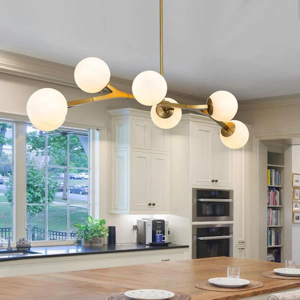 Lucie 55.9 in. 8-Light Mid-Century Gold Sputnik Chandelier Linear Kitchen Island Pendant with Opal Glass Shades