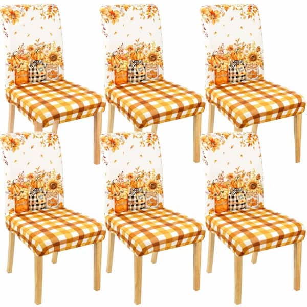 Pastel Blue Pumpkin Polyester Fall Chair Covers Set of 6 for Dining Room Decor, Removable Washable Slipcovers