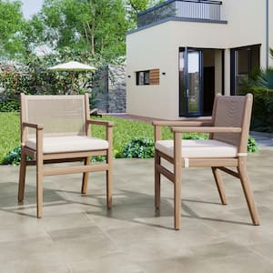 Wecker Outdoor Patio Dining Chairs with Rope Weave Back, Cushioned, Acacia Wood, Beige + Light Brown, Set of 2