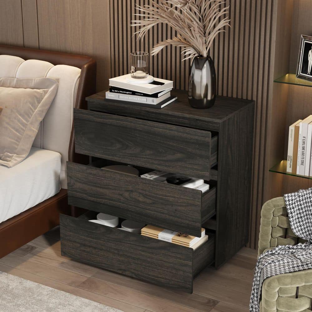 3-Drawer Black Wood Nightstand End Table 30.3 in. W x 32.3 in. H x 15.7 in. D - thumbnail 2