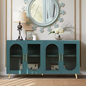 59.8 in. W x 15.5 in. D x 32.3 in. H Blue Wood Buffet Linen Cabinet with TV Stand, Glass Doors and Adjustable Shelves
