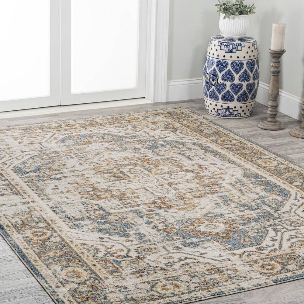 Blue and Cream Medallion Washable Synthetic Area Rug