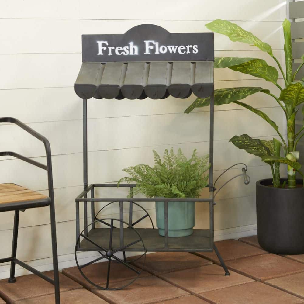 Litton Lane 44 in. Black Metal Indoor Outdoor Flower Cart Plantstand