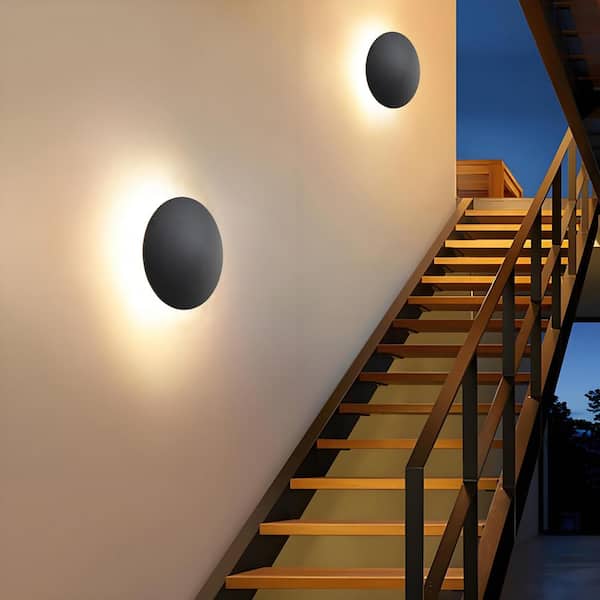 2-pack 10 in. Black Aluminum Round Disc LED Indoor Outdoor Wall Lantern Sconce