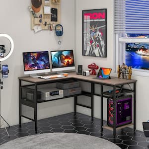 48 in. Reversible L-Shaped Grey Wash Computer Desk with Charging Station Adjustable Shelf CPU Stand