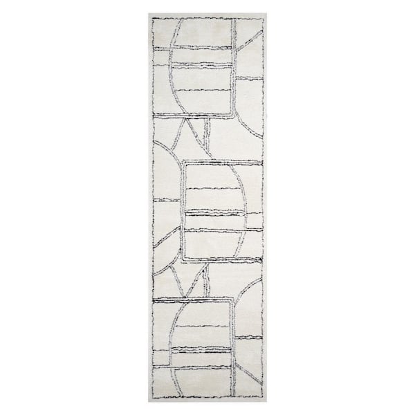 Monotone 2 ft. 6 in.  x  10 ft.  White Moraccan Pattern Runner Rug for High Traffic Entryway Hallway Laundry Room