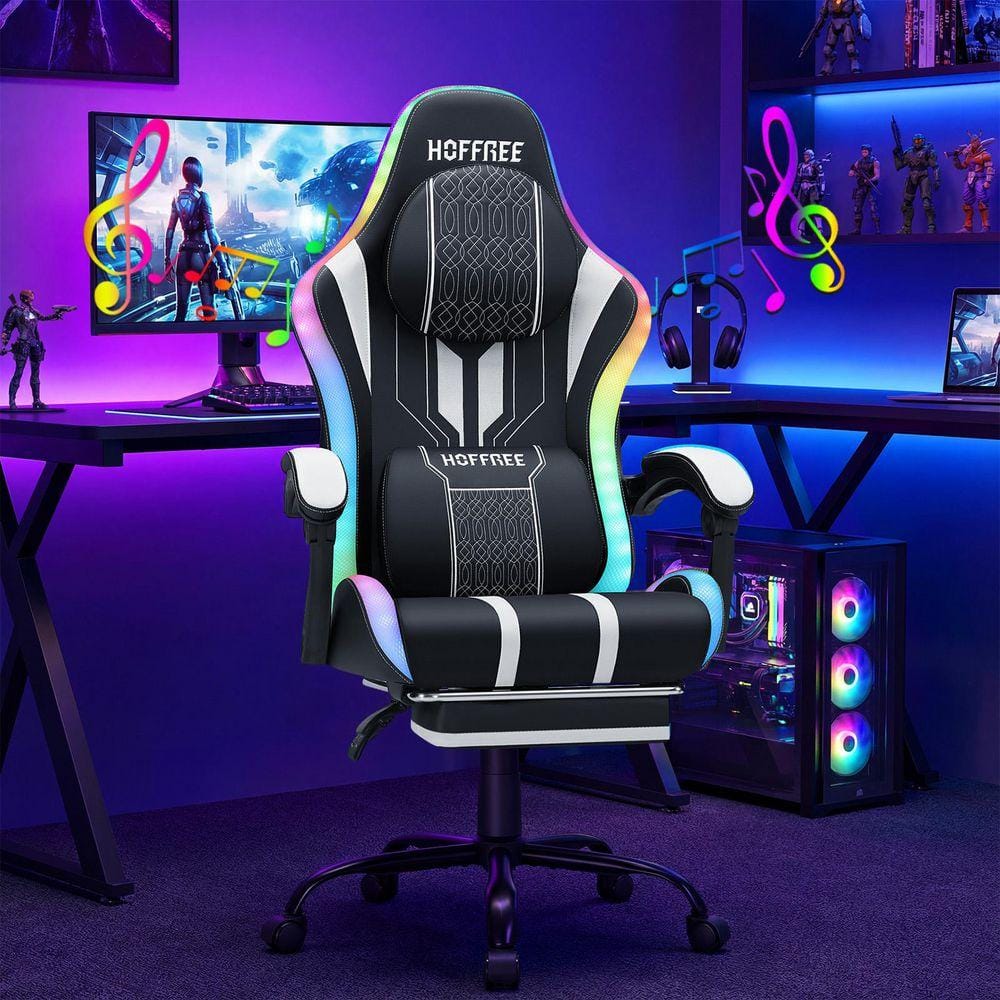 Big and Tall Faux Leather Led Gaming Chair with Speakers and Massage Ergonomic Game Chair in BlackandWhite with Footrest