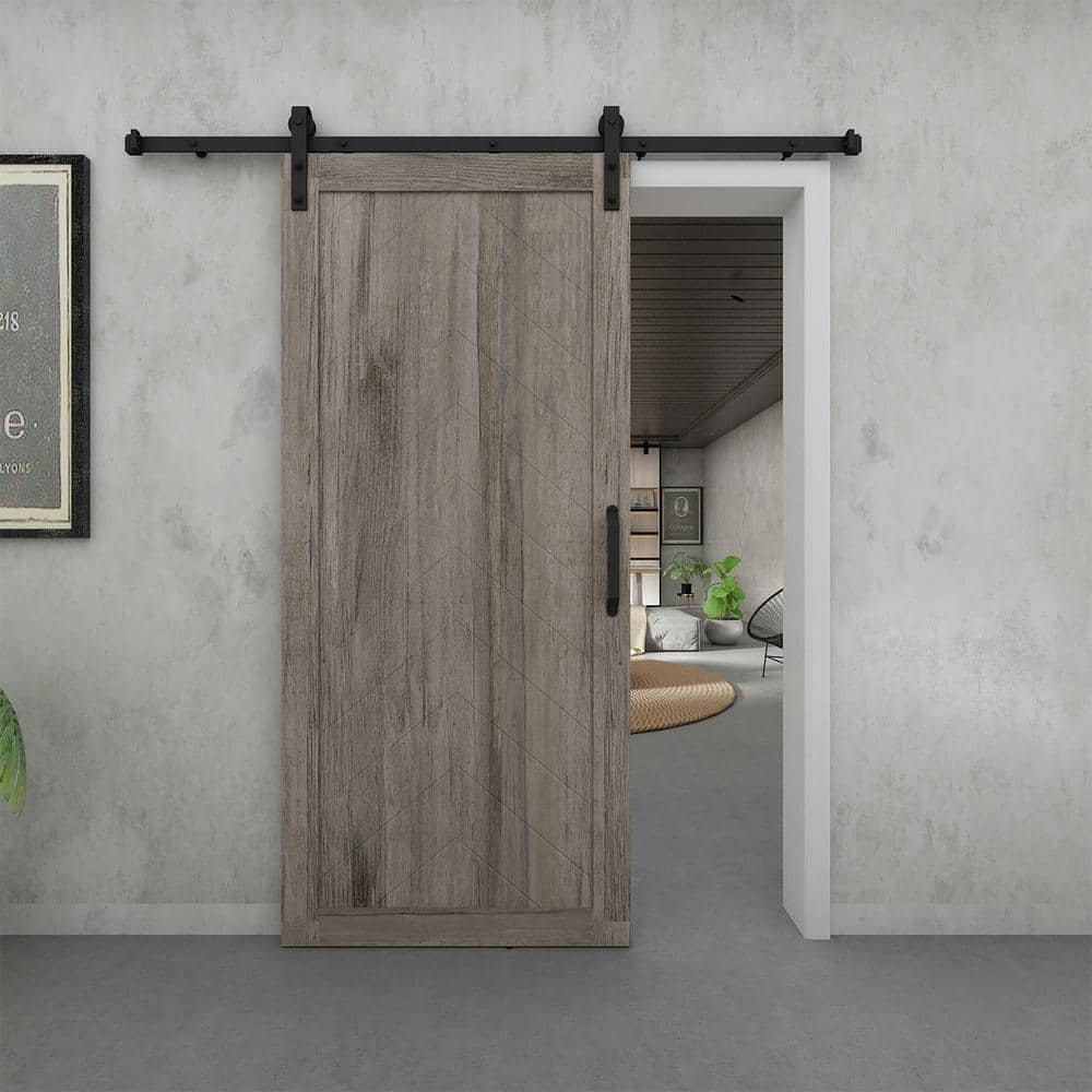 Herringbone 37 in. x 84 in. Grey Vinyl Finish MDF Sliding Barn Door ...