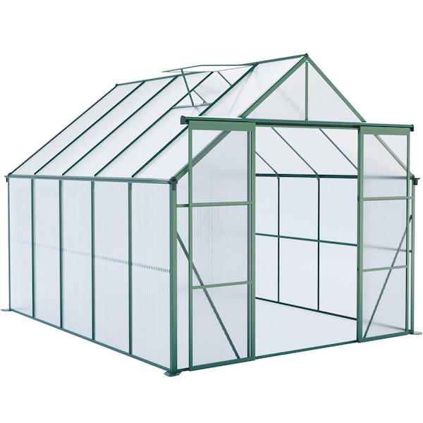 8 ft. x 10 ft. Green Double Door Polycarbonate Greenhouse Raised Base and Anchor Aluminum Heavy Duty Walk-in Greenhouses