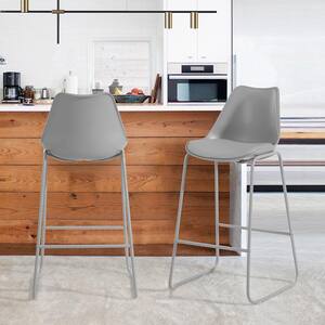 Russ 29 in. Gray Low Back Metal Frame Bar Stool with Faux Leather Cushion Seat (Set of 2)