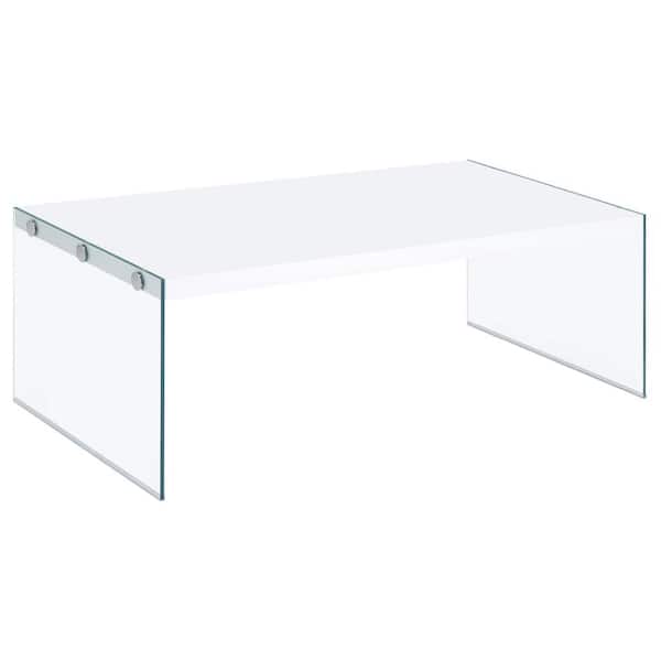 Coaster Opal 44 in. White High Gloss Rectangle Wooden Top Coffee Table with Clear Glass Legs