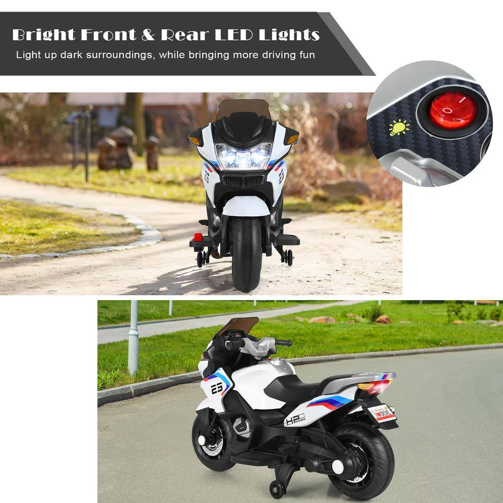 White 12-Volt Kids Ride-On Motorcycle with Training Wheels
