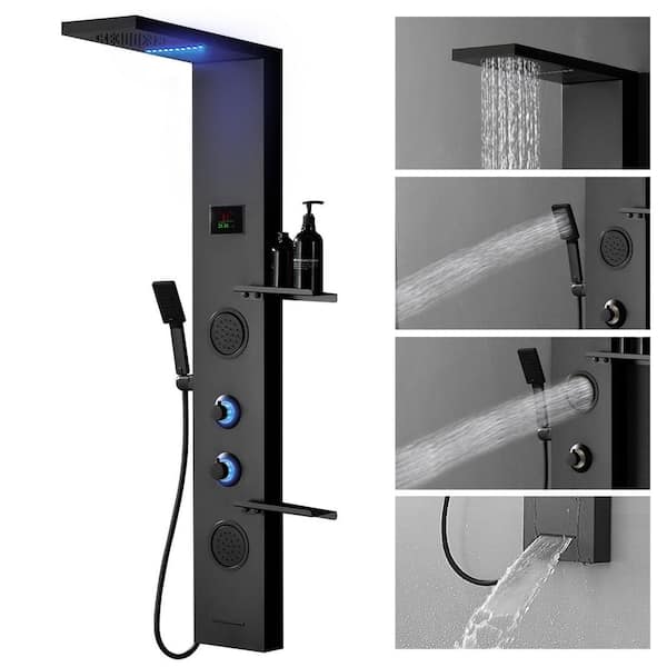 2-Jet Rainfall Shower Panel System with Rainfall Shower Head, Shelf, Tub Spout and LED Light in Matte Black