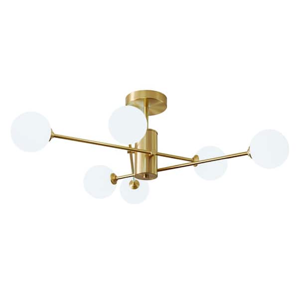 33.46 in. 6-Light Brass Modern Sputnik Chandelier Industrial Semi-Flush Mount Ceiling Light with Milk White Glass Shade