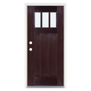 36 in. x 80 in. Dark Walnut Right-Hand Inswing 3 Lite Low E Clear Glass Craftsman Stained Fiberglass Prehung Front Door
