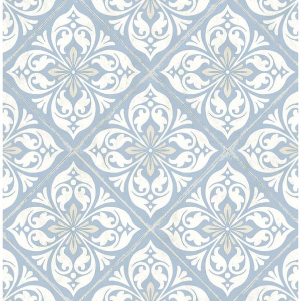 56 sq. ft. Luxe Retreat Matte Carolina Blue and Arrowroot Smooth Plumosa Tile Unpasted Paper Wallpaper