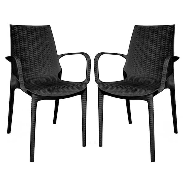 Leisuremod Kent Plastic Outdoor Dining Arm Chair in Black (Set of 2)