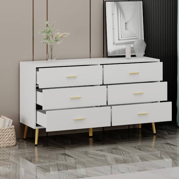 FUFU&GAGA 6-Drawers Wood Chest of Drawer Accent Storage Cabinet Organizer in White 54 in. W x 15.6 in. D x 30.1 in. H