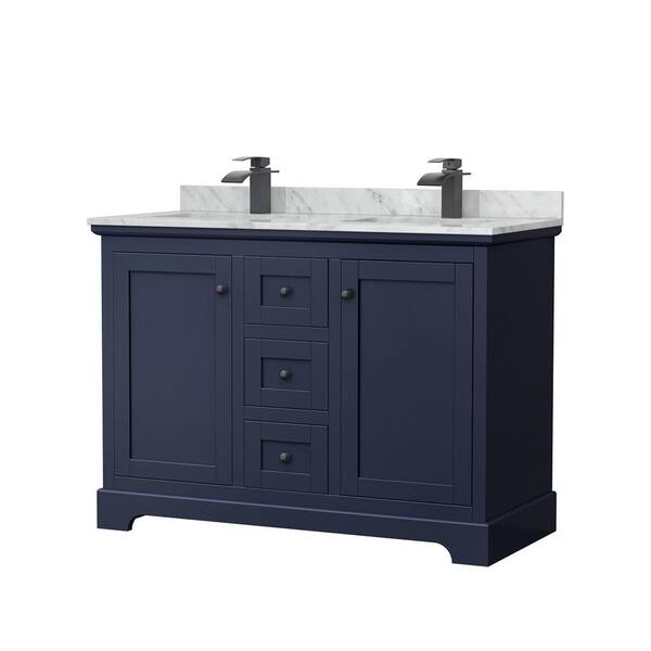 Wyndham Collection Avery 48 in. W x 22 in. D x 35 in. H Double Bath Vanity in Dark Blue with White Carrara Marble Top