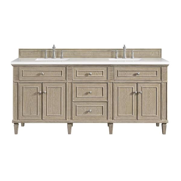 James Martin Vanities Lorelai 72.0 in. W x 23.5 in. D x 34.06 in. H Double Sink Bathroom Vanity in Whitewashed Oak with White Zeus Quartz Top