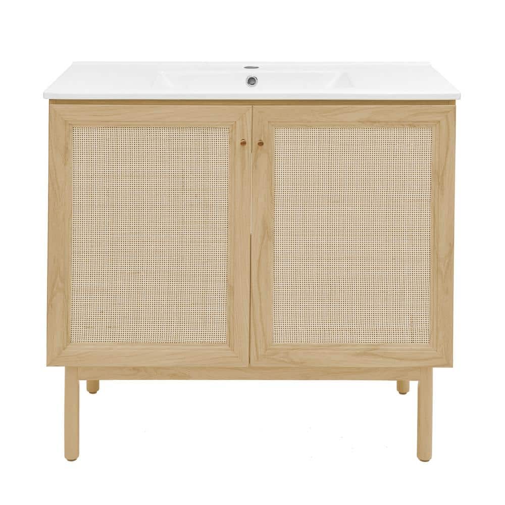 Natural Oak and White Ceramic Freestanding Bathroom Vanity