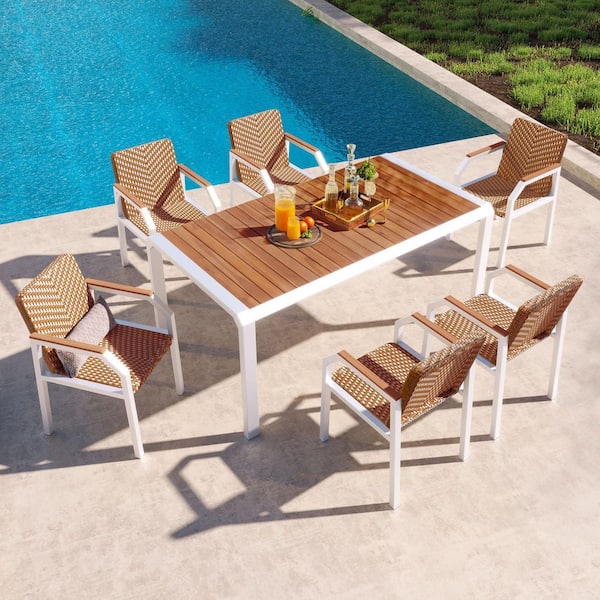 Unbranded 7-Piece Brown Wicker Outdoor Patio Dining Set 2 Tone Weave Rattan Acacia Wood Tabletop for Backyard and Garden