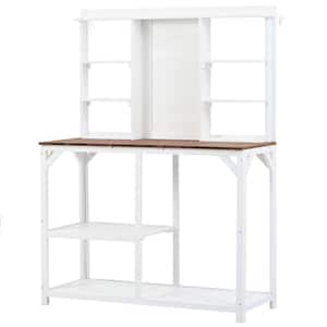 47 in. W x 19 in. D x 64.6 in. H White Wood Potting Bench Table with Multiple Shelves and Side Hook
