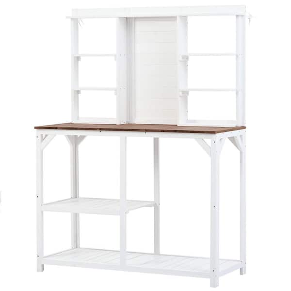 WELLFOR 47 in. W x 19 in. D x 64.6 in. H White Wood Potting Bench Table with Multiple Shelves and Side Hook