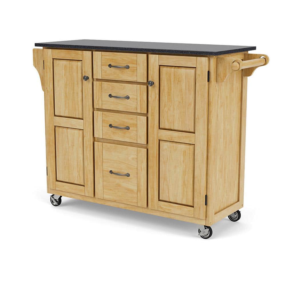 Natural Wood Kitchen Cart with Black Granite Top and Storage