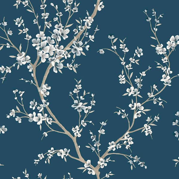 Kaia Blue Flowering Tree Wallpaper Sample
