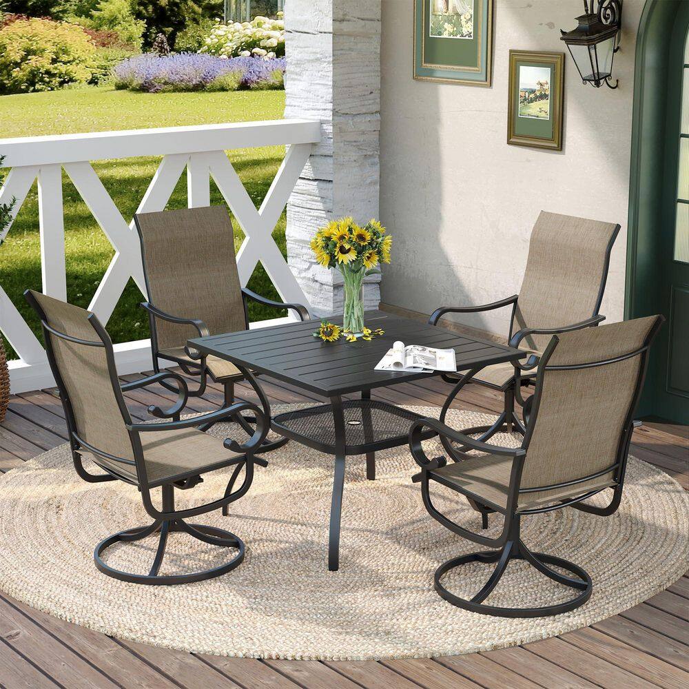 5 Piece Metal Outdoor Patio Dining Set with 37.8 in. Black Square Dining Table and 4 Brown Textilene Swivel Chairs price history on PriceWatchPro