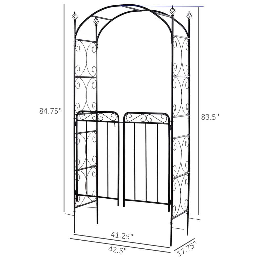 Black Metal Garden Arch Arbor with Gate and Trellis