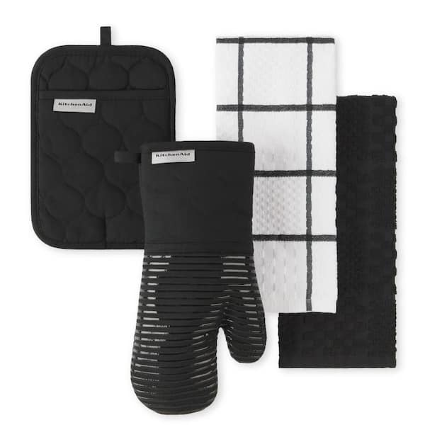 KitchenAid Quilted Cotton Terry Cloth Matte Black Kitchen Towels, Oven Mitt, Potholder 4-Piece
