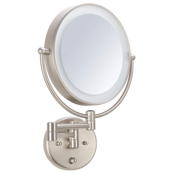 Merra 9 in. W x 15 in. H Framed 2 Sided 8x Mag Bi Fold Dimmable LED Light Makeup Mirror in Brushed Nickel