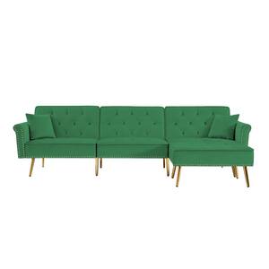 110.2 in. W Green Velvet Reversible Sectional Twin Sofa Bed, Nailhead Trim L-Shaped Couch 2 Pillows and Movable Ottoman
