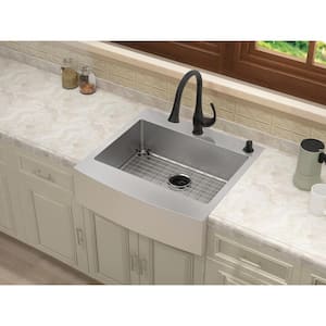 Retrofit Drop-In/Undermount Stainless Steel 27 in. 2-Hole Single Bowl Curved Farmhouse Apron Front Kitchen Sink