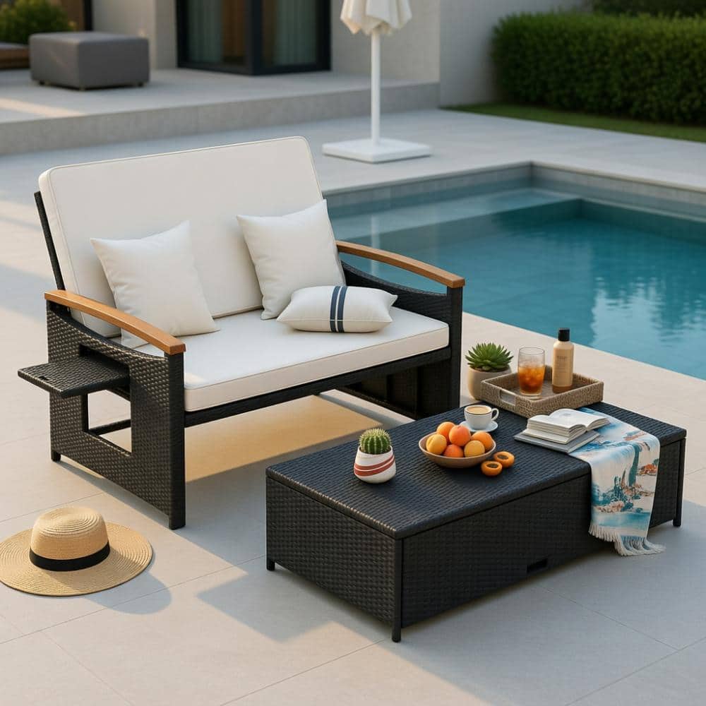 Outdoor Wicker Daybed with Folding Panels and Storage Ottoman-White