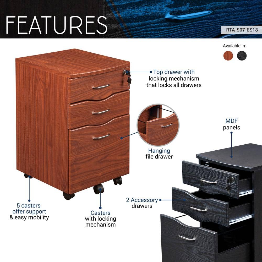 Espresso 3-Drawer Lockable Mobile Filing Cabinet