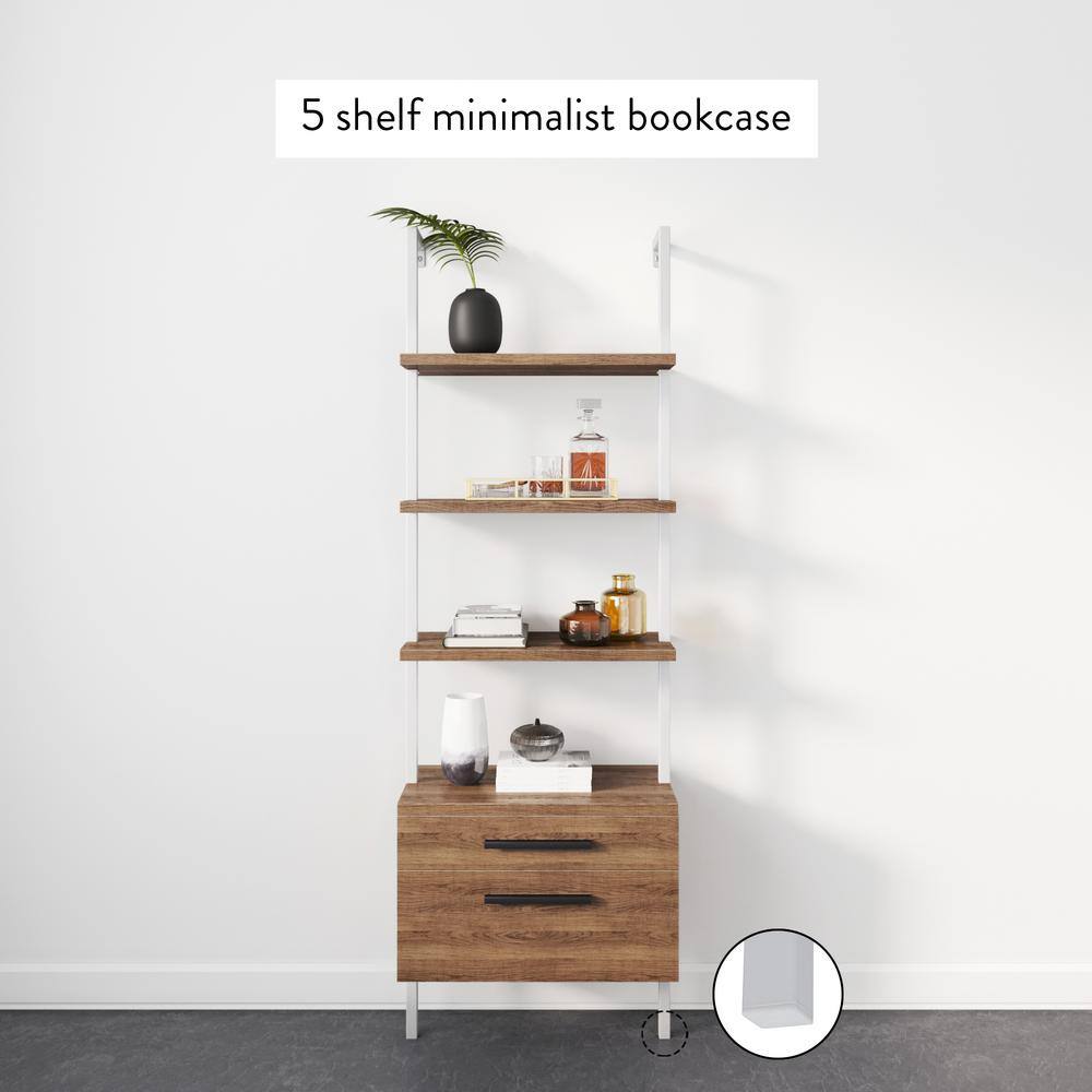 Theo Oak and White 3-Tier Ladder Bookshelf with Storage Drawers