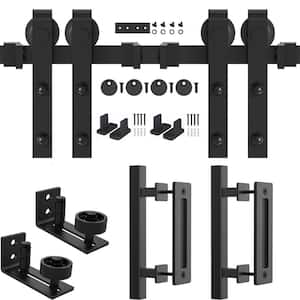 144 in. Frosted Black J Shape Sliding Barn Door Track and Hardware Kit and Handle Set