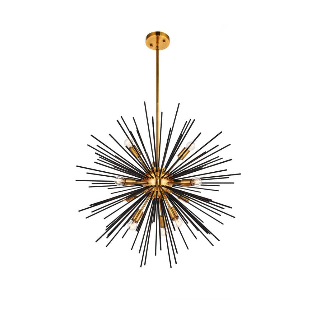 Timeless Home 26 in. 10-Light Light Antique Brass and Flat Black Pendant Li