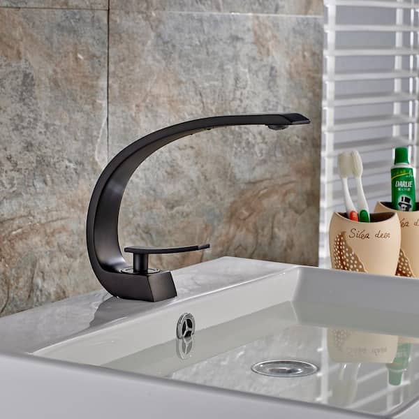 Single Hole Single-Handle Bathroom Faucet with Curved Spout in Matte Black