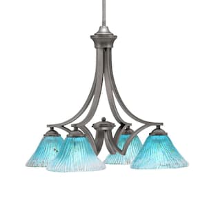 Clevelend 4-Light Graphite Chandelier, Round Chandelier with 7 in. Teal Crystal Glass Shades, No bulbs included