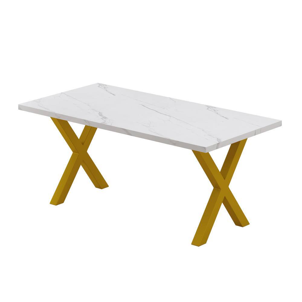 70.87 in. White MDF Outdoor Dining Table with Printed Black Marble Tabletop