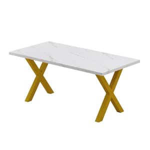 70.87 in. White MDF Outdoor Dining Table with Printed Black Marble Tabletop, Gold X-Shape Table Leg