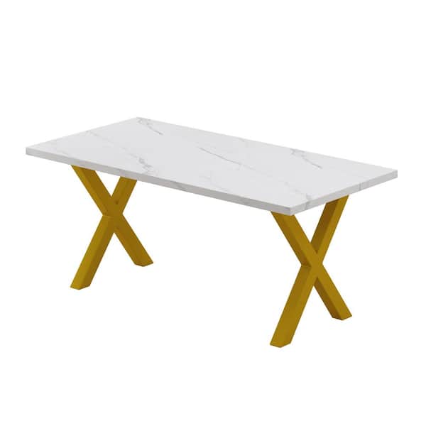 Unbranded 70.87 in. White MDF Outdoor Dining Table with Printed Black Marble Tabletop, Gold X-Shape Table Leg