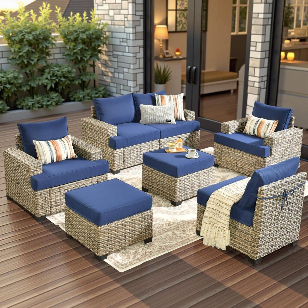 Silvae Gray 7-Piece Wicker Outdoor Patio Conversation Sectional Sofa Set with Navy Blue Cushion and 2 Ottomans price history on PriceWatchPro