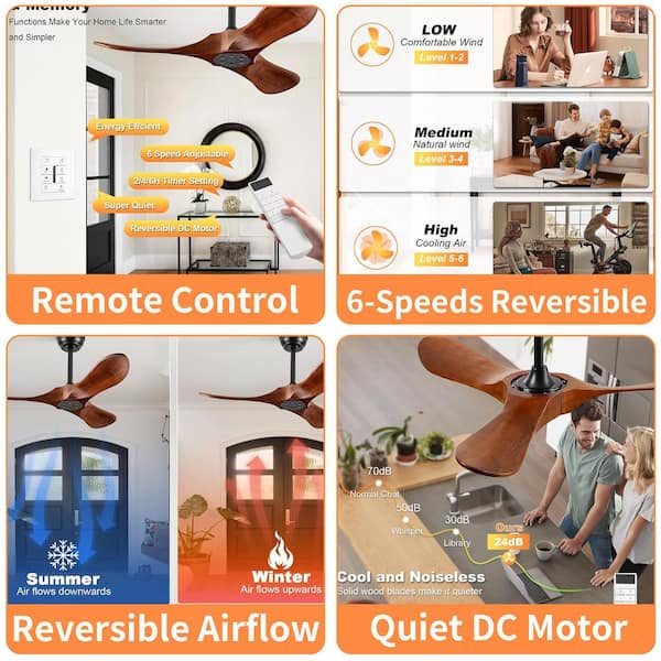 36 in. Modern Small Downrod Mount Ceiling Fan, 3 Walnut Blades, Remote Control & Wall Switch, 6-Speed, Without Light