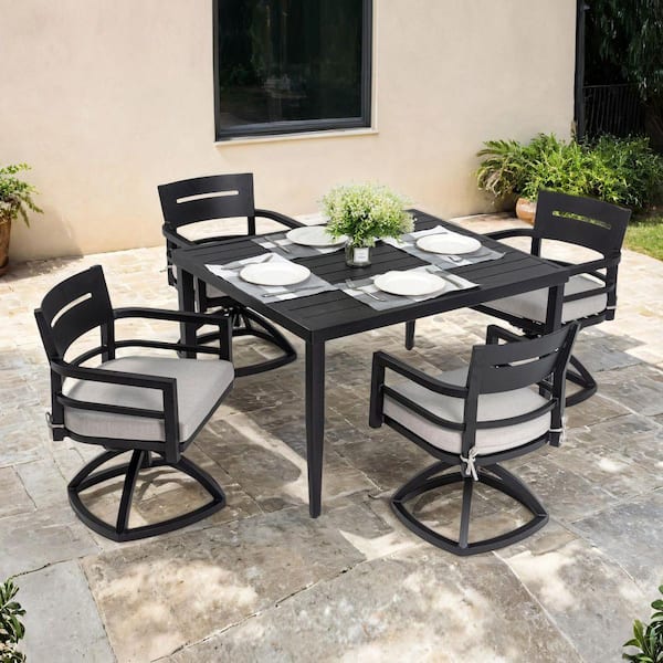 5-Piece Aluminum Outdoor Dining Set w/ Cast Silver Cushion, 4-Swivel Rockers and Square Dining Table with Umbrella Hole
